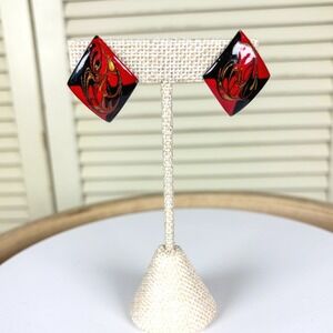 Retro Red Black Enamel Clip On Earrings Geometric Diamond Gold Swirl Swank Style